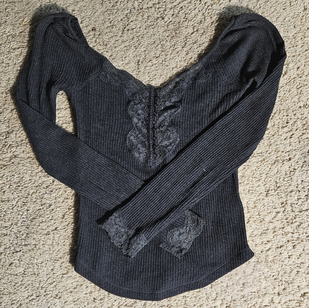 Free People To The West Ribbed Lace-Trim Long Sleeve Top- Dark Gray - Women's XS